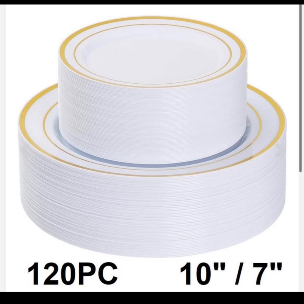 120-Piece White & Gold Rim Plastic Dinnerware Set | 10” & 7” | BPA-Free
